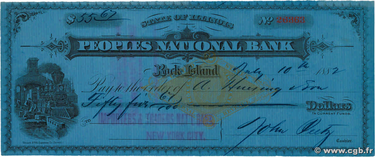 55,67 Dollars ÉTATS-UNIS D AMÉRIQUE Rock Island 1883 DOC.Chèque TTB