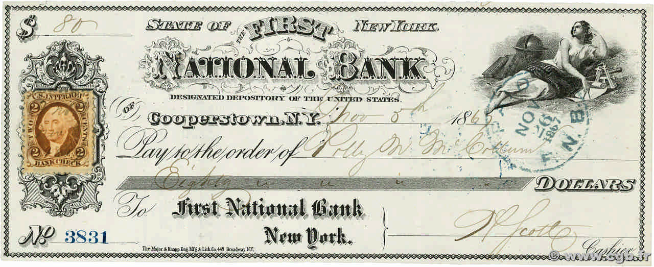 80 Dollars ÉTATS-UNIS D AMÉRIQUE Cooperstown 1867 DOC.Chèque SUP