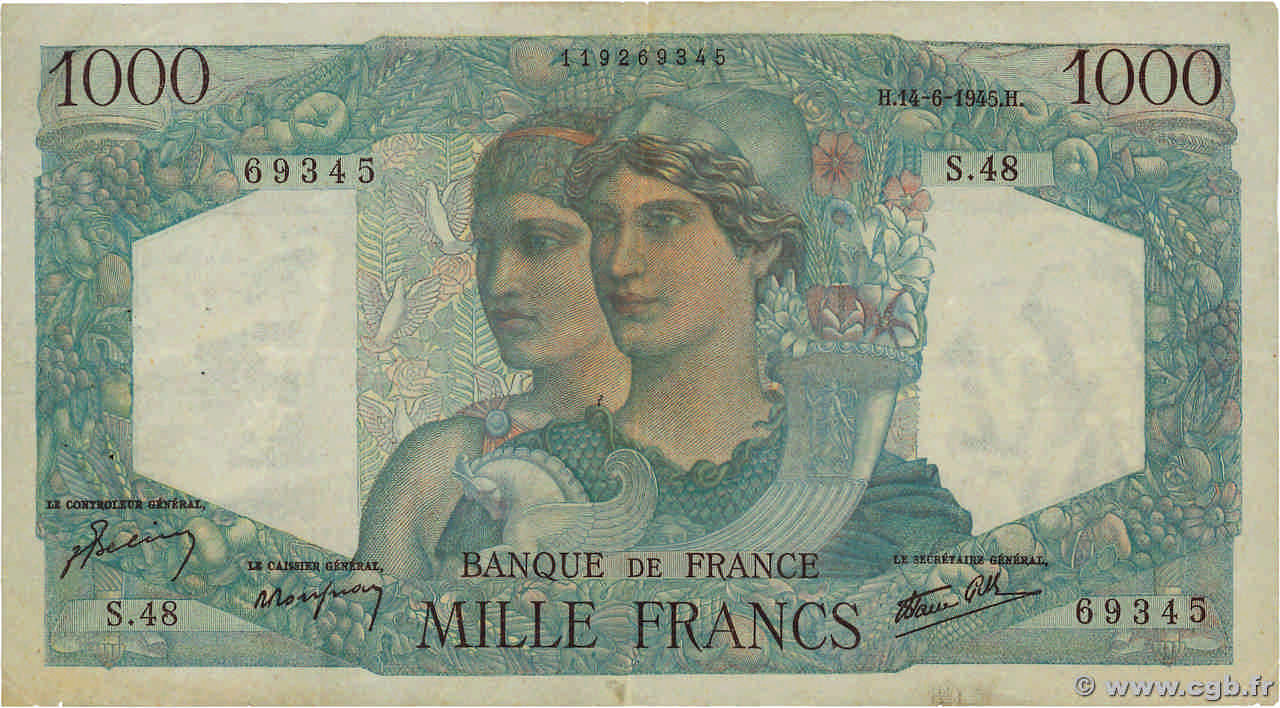 1000 Francs MINERVE ET HERCULE FRANCE  1945 F.41.04 F