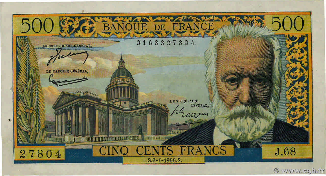 500 Francs VICTOR HUGO FRANCE  1955 F.35.04 TTB