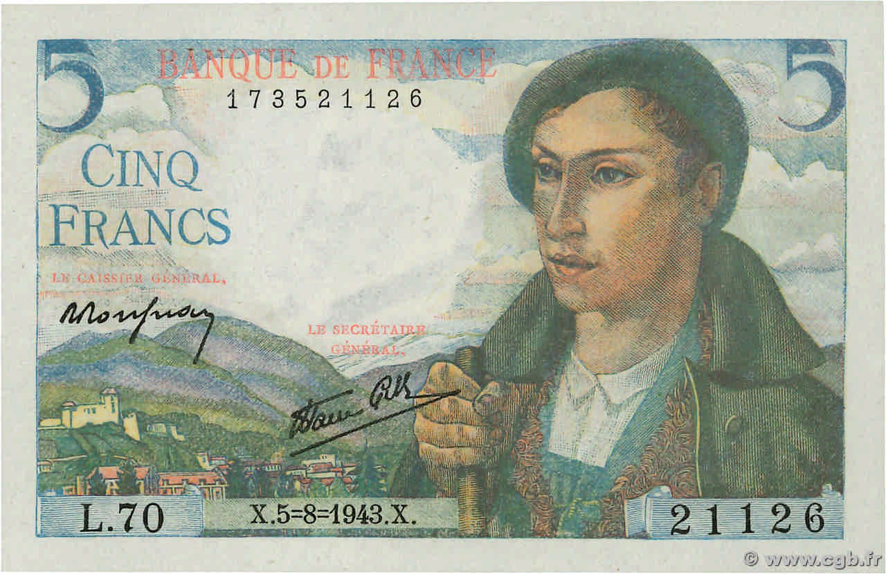 5 Francs BERGER FRANCE  1943 F.05.03 pr.NEUF