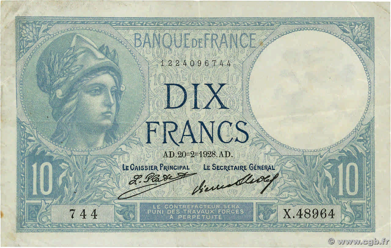 10 Francs MINERVE FRANCE  1928 F.06.13 TB+