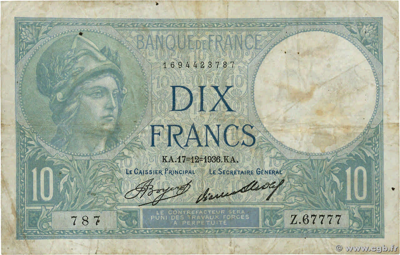 10 Francs MINERVE FRANCE  1936 F.06.17 B
