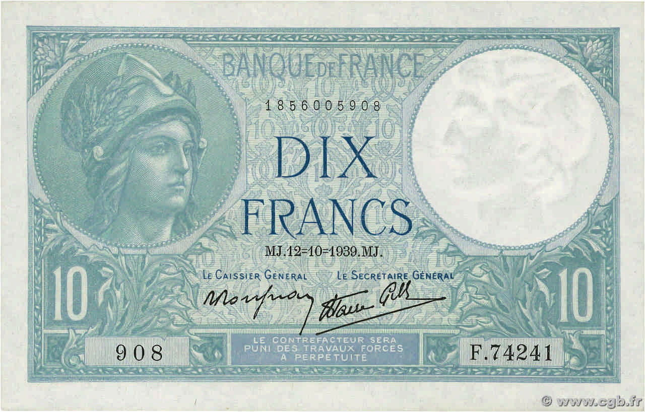 10 Francs MINERVE modifié FRANCE  1939 F.07.11 XF