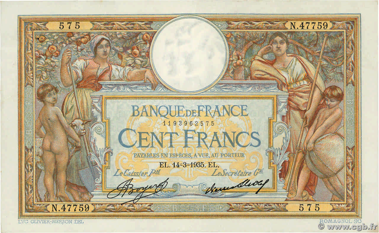100 Francs LUC OLIVIER MERSON grands cartouches FRANCE  1935 F.24.14 TTB+
