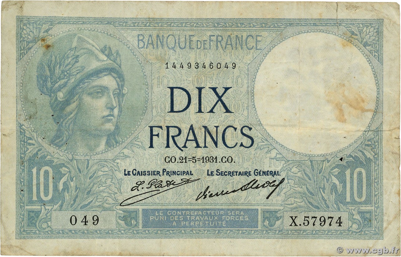 10 Francs MINERVE FRANCE  1931 F.06.15 pr.TB