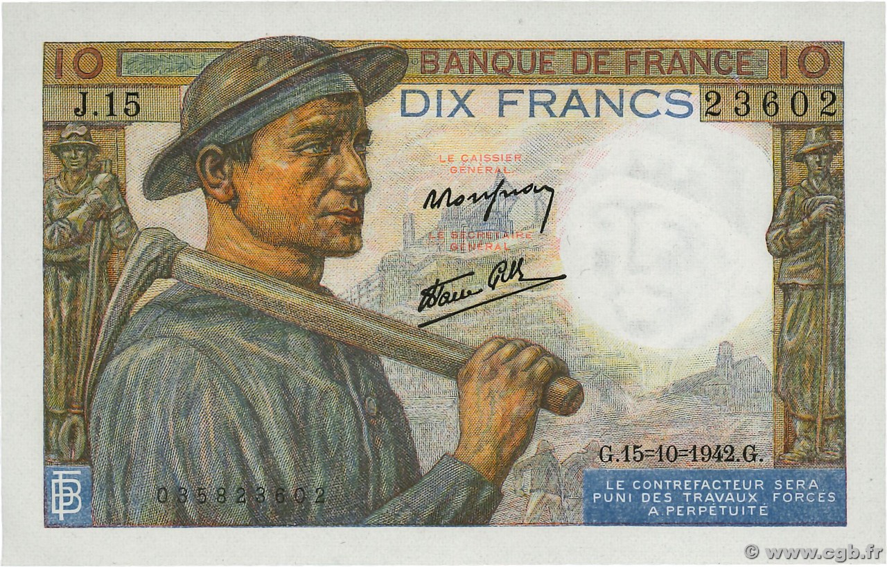 10 Francs MINEUR FRANCE  1942 F.08.04 NEUF