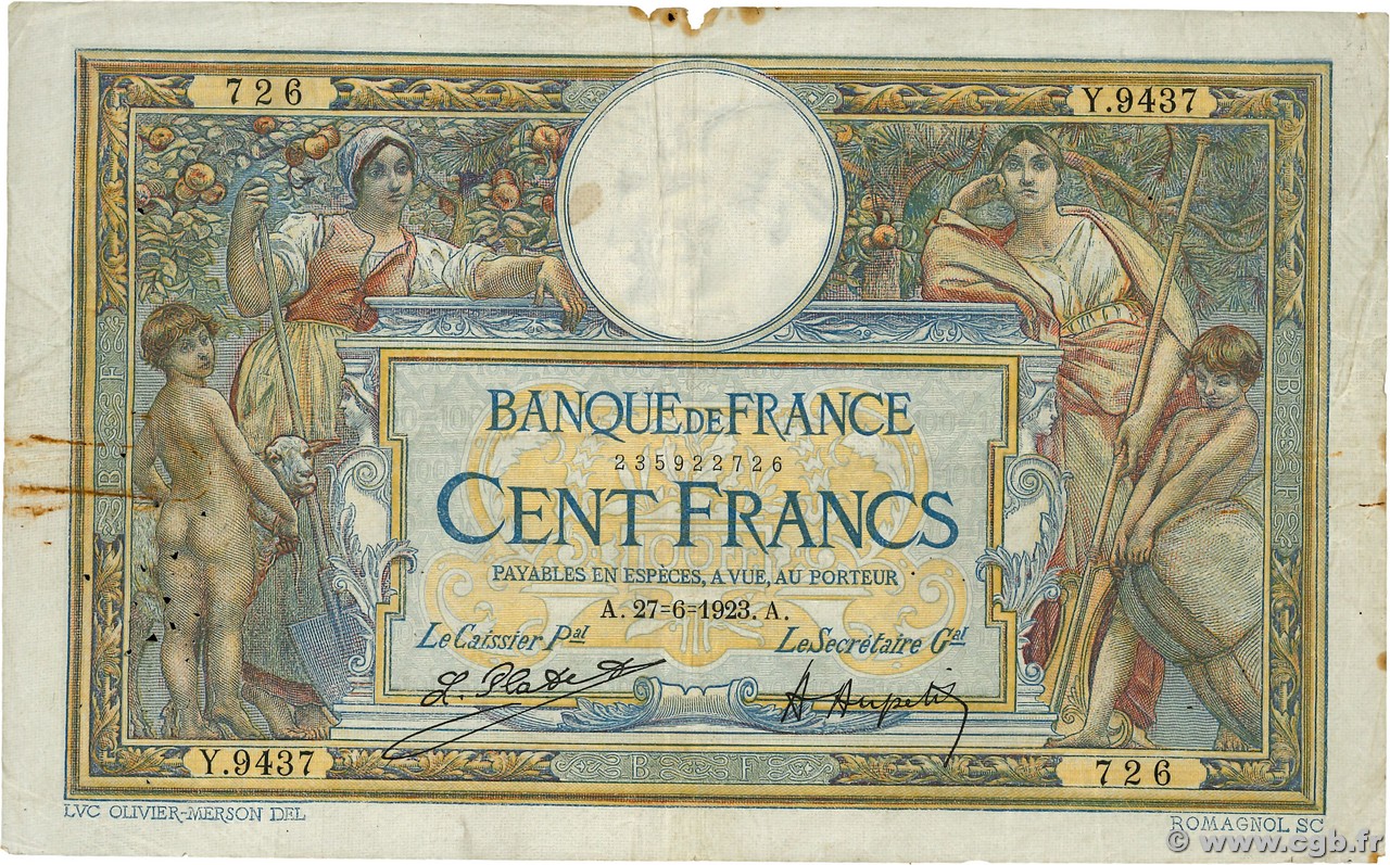 100 Francs LUC OLIVIER MERSON sans LOM FRANCE  1923 F.23.16 B+