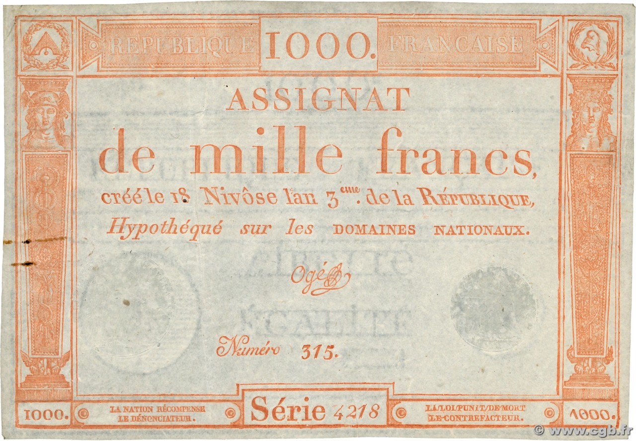 1000 Francs FRANCE  1795 Ass.50a VF-