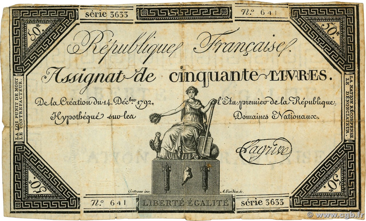 50 Livres FRANKREICH  1792 Ass.39a SGE