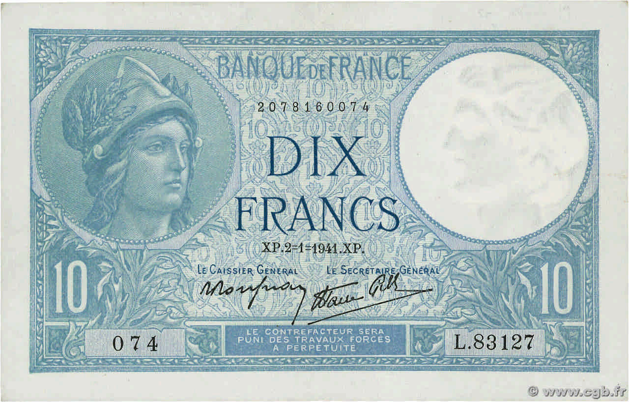 10 Francs MINERVE modifié FRANCE  1941 F.07.26 pr.SUP