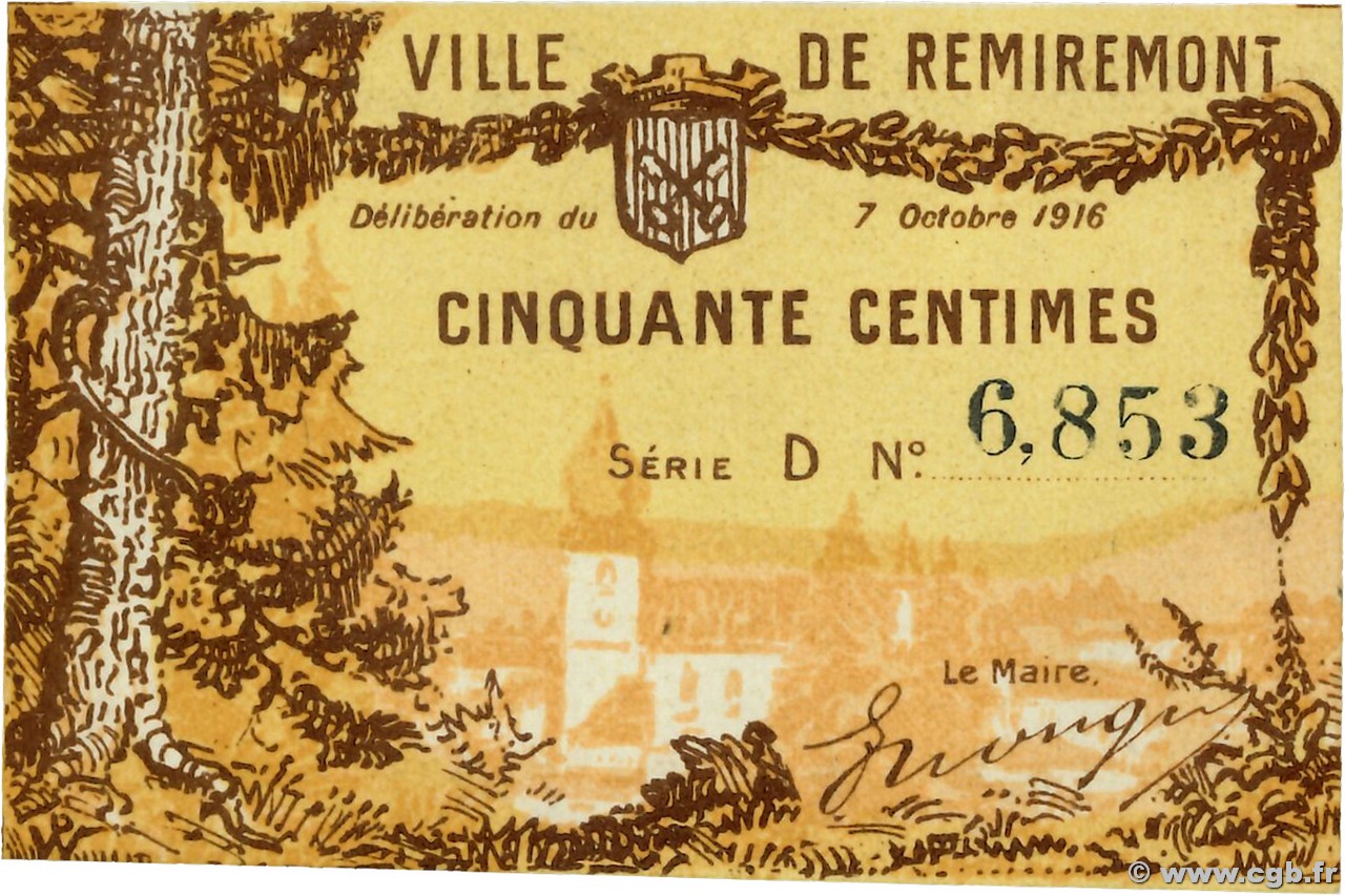 50 Centimes FRANCE régionalisme et divers Remiremont 1916 JP.88-067 NEUF