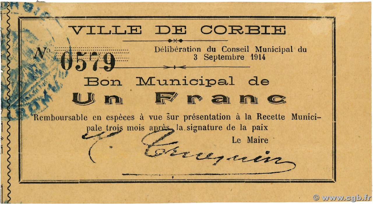 1 Franc FRANCE regionalism and various Corbie 1914 JP.80-058 VF