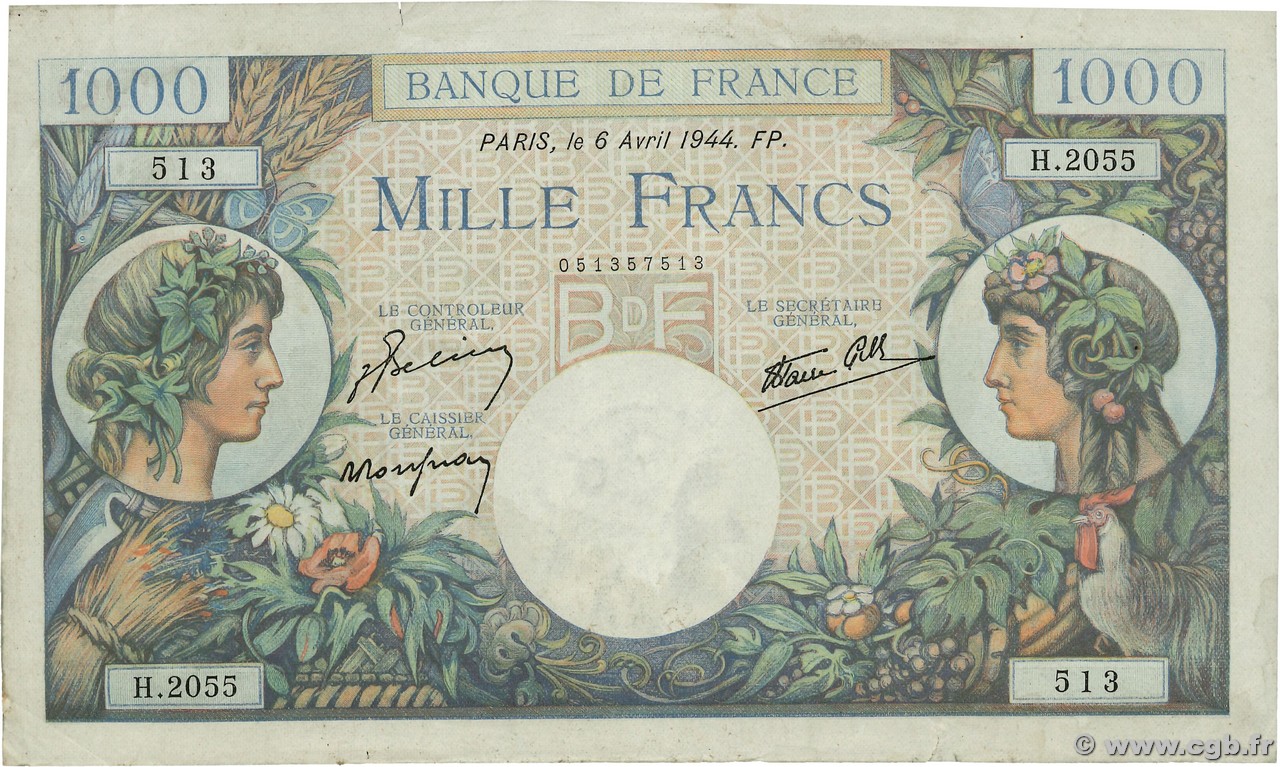 1000 Francs COMMERCE ET INDUSTRIE FRANCE  1944 F.39.05 pr.TTB