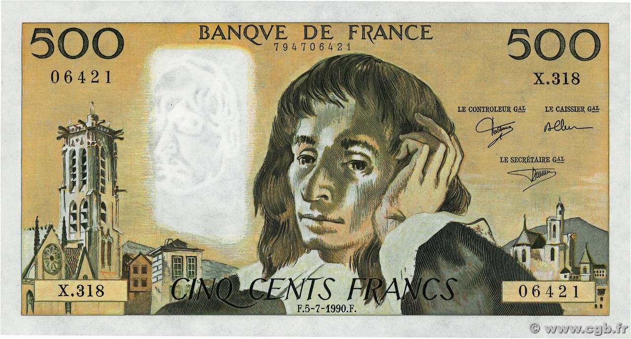 500 Francs PASCAL FRANKREICH  1990 F.71.44 fST+