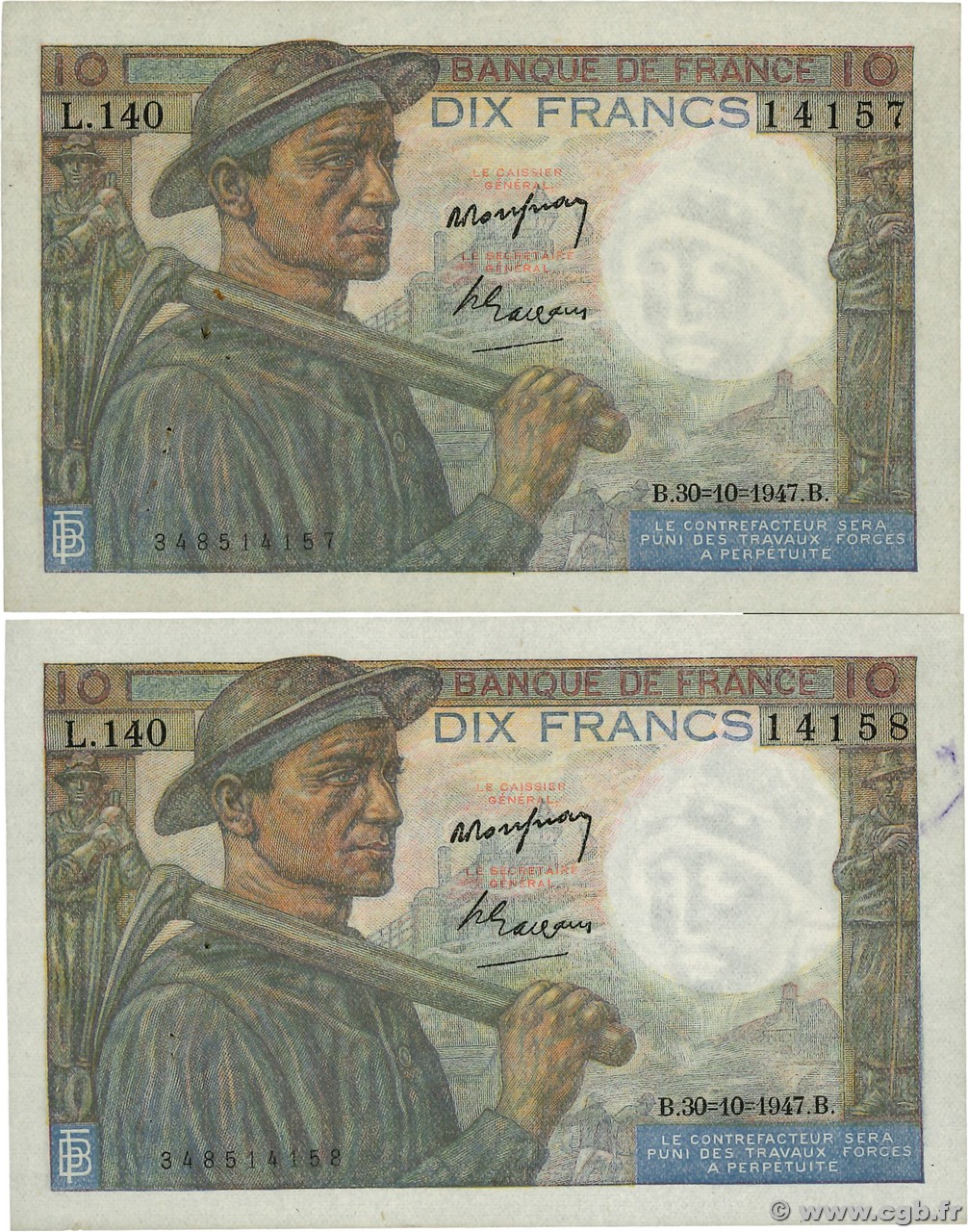 10 Francs MINEUR Consécutifs FRANCE  1947 F.08.18 TTB