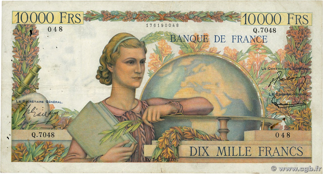 10000 Francs GÉNIE FRANÇAIS FRANCE  1954 F.50.71 pr.TB