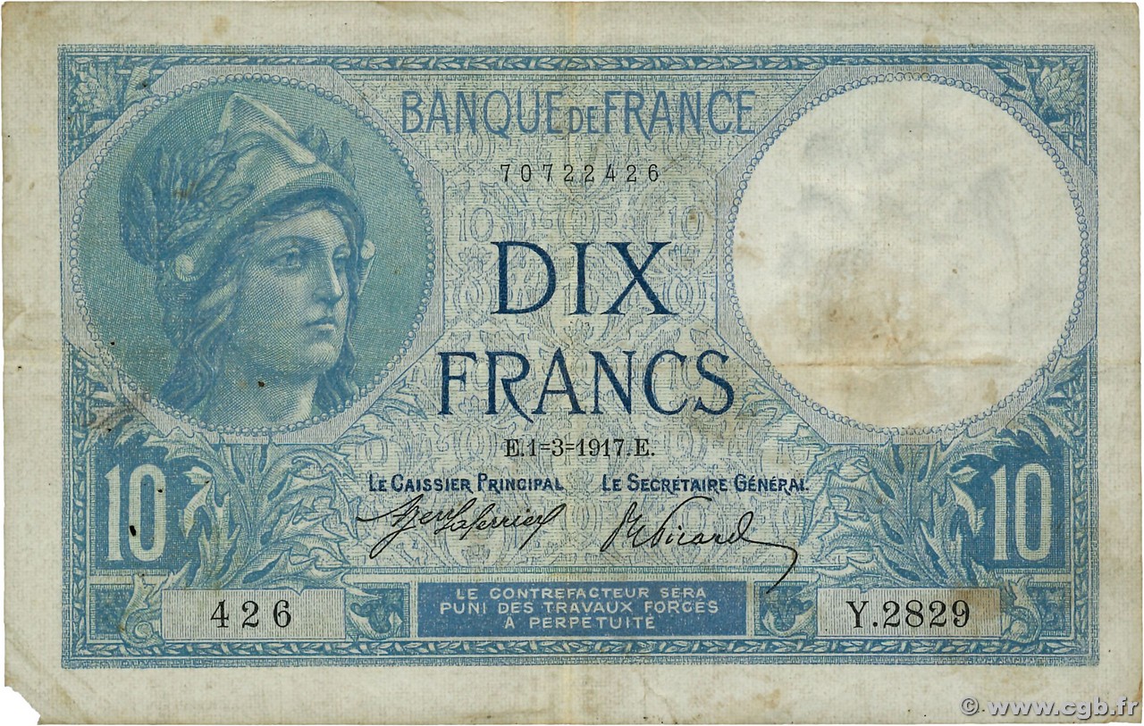 10 Francs MINERVE FRANKREICH  1917 F.06.02 fS