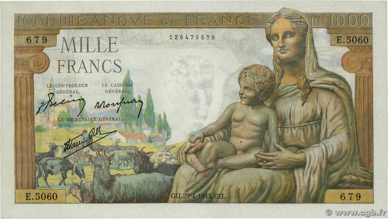 1000 Francs DÉESSE DÉMÉTER FRANCE  1943 F.40.22 SPL