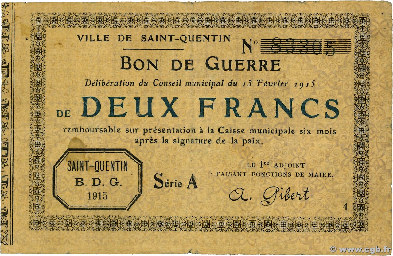 2 Francs FRANCE régionalisme et divers Saint-Quentin 1915 JP.02-2052 TB