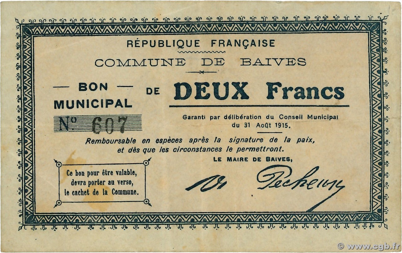 2 Francs FRANCE régionalisme et divers Baives 1915 JP.59-0275 TTB
