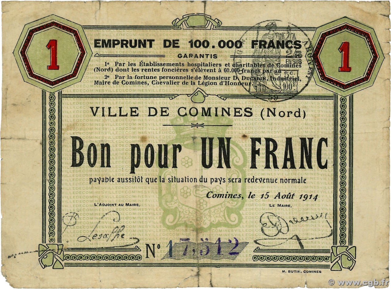 1 Franc FRANCE regionalism and miscellaneous Comines 1914 JP.59-0530 G