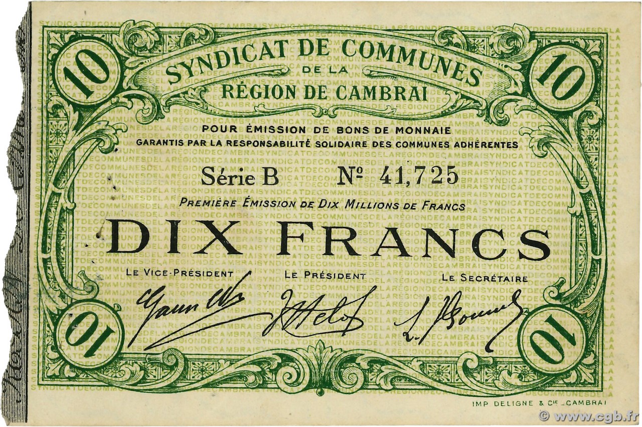 10 Francs FRANCE régionalisme et divers Cambrai 1916 JP.59-0471 SUP