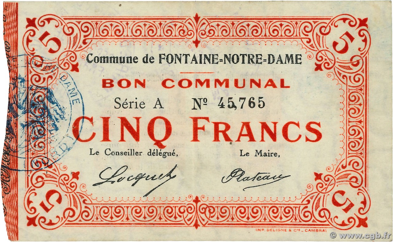 5 Francs FRANCE régionalisme et divers Fontaine-Notre-Dame 1915 JP.59-1071 TTB