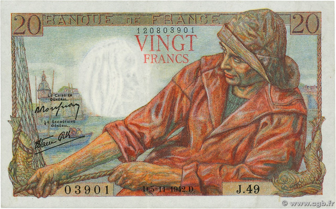 20 Francs PÊCHEUR FRANCE  1942 F.13.04 TTB+