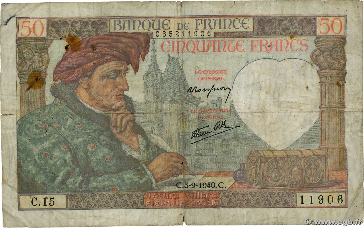 50 Francs JACQUES CŒUR FRANCE  1940 F.19.02 B