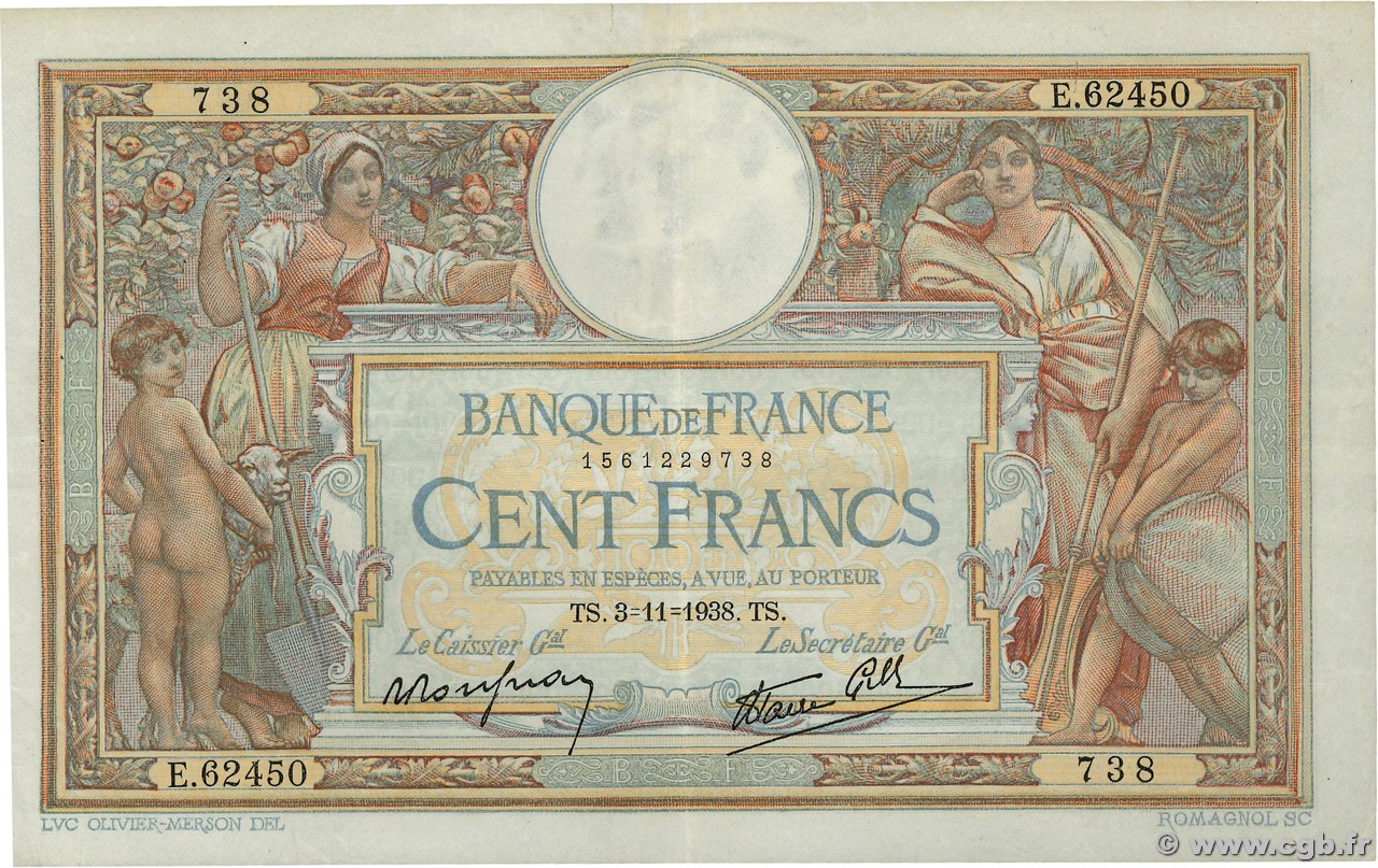 100 Francs LUC OLIVIER MERSON type modifié FRANCE  1938 F.25.34 TB+