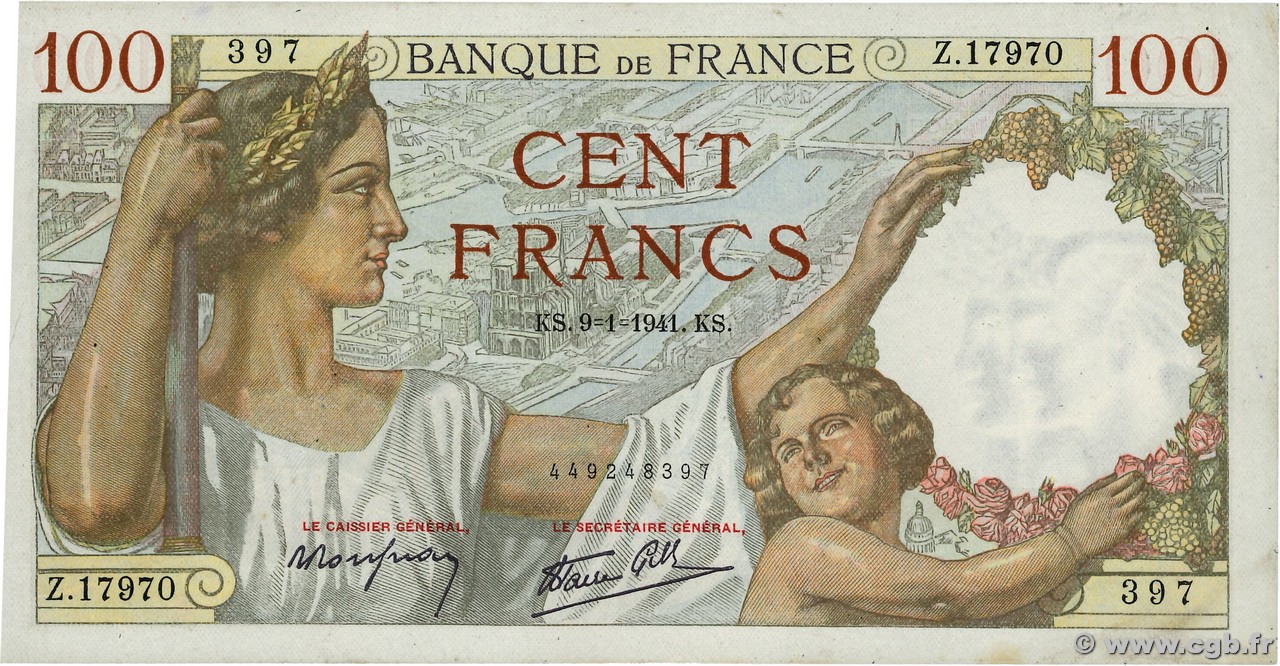 100 Francs SULLY FRANCE  1941 F.26.44 TTB