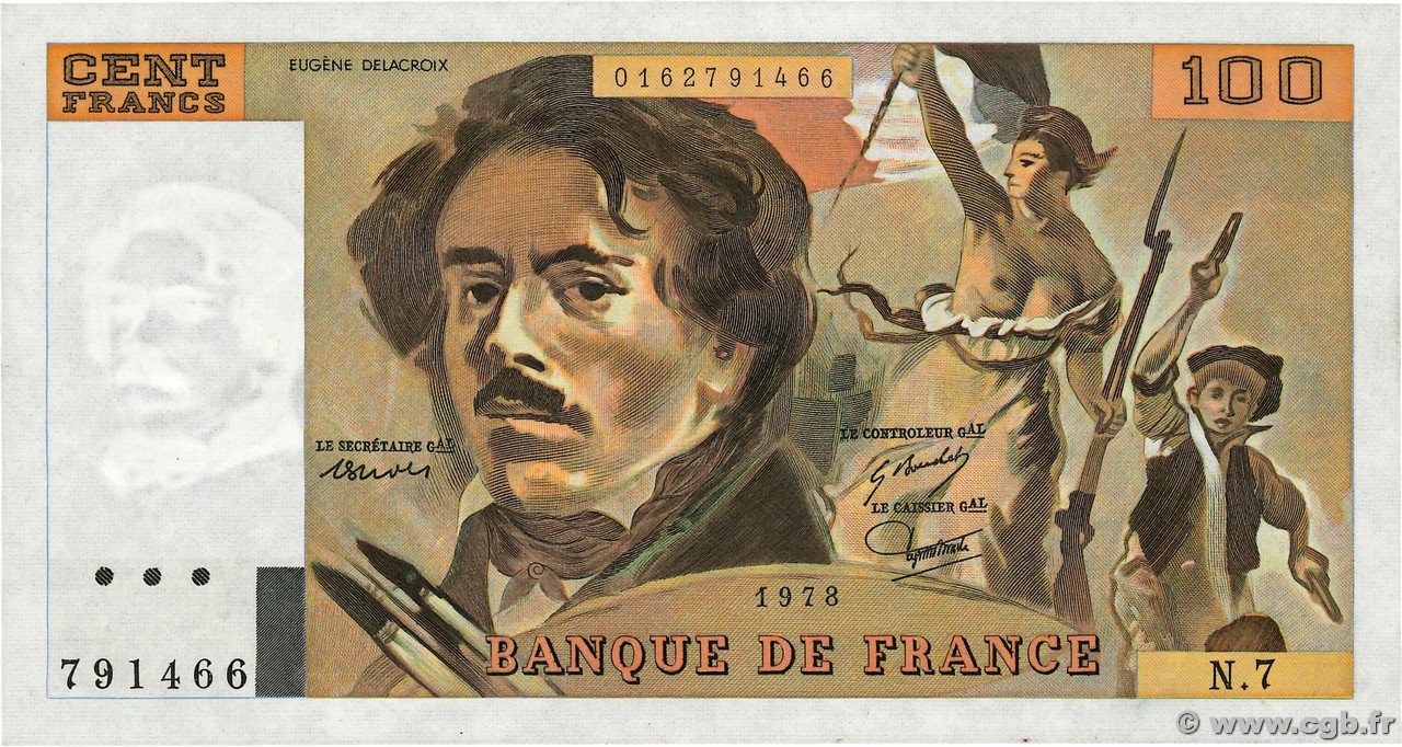 100 Francs DELACROIX modifié FRANCE  1978 F.69.01d SUP+