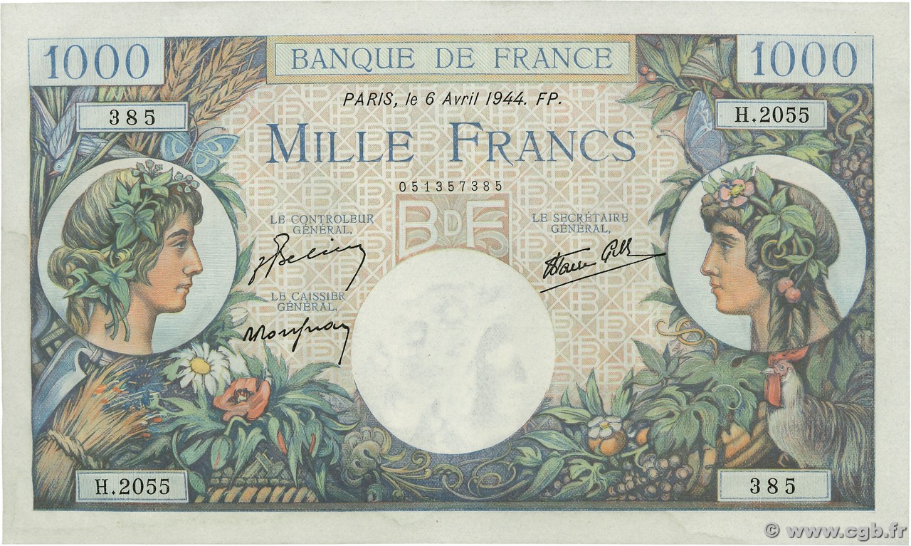 1000 Francs COMMERCE ET INDUSTRIE  FRANCE  1944 F.39.05 SPL