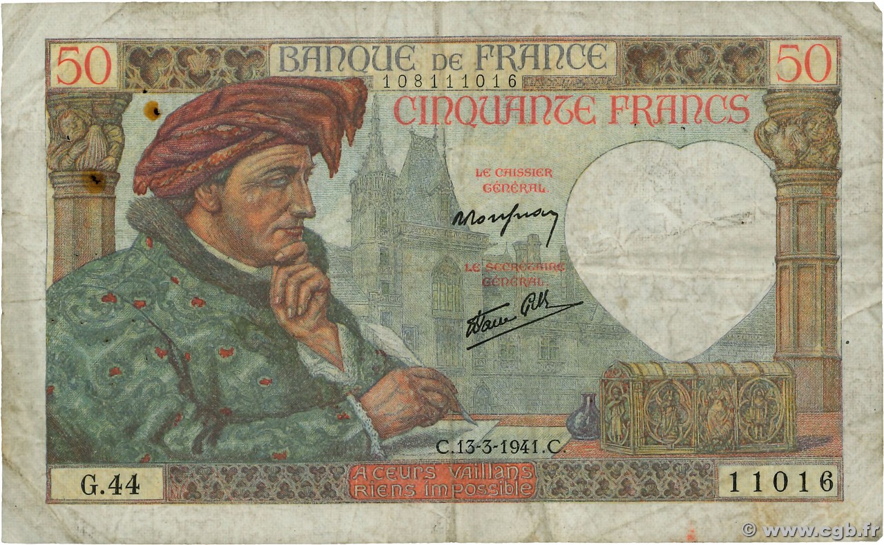 50 Francs JACQUES CŒUR FRANCE  1941 F.19.07 pr.TB