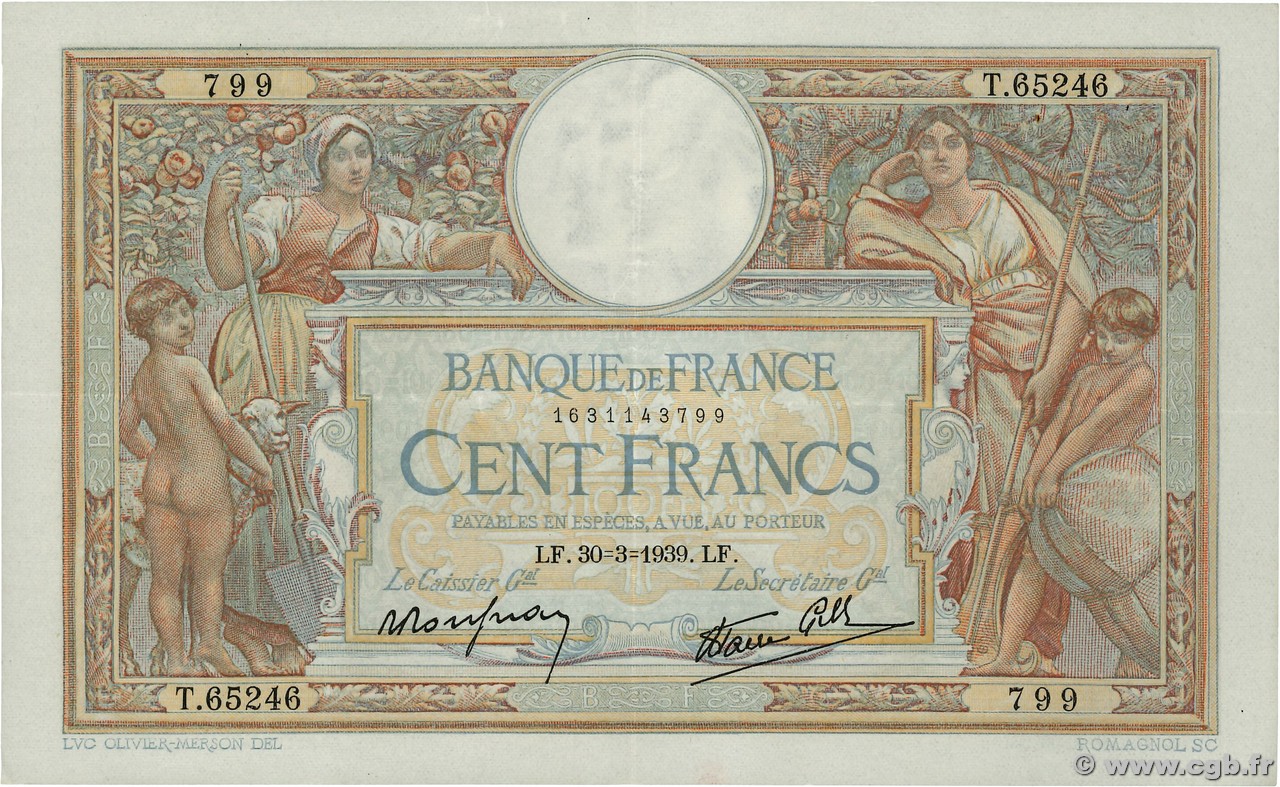 100 Francs LUC OLIVIER MERSON type modifié FRANCE  1939 F.25.44 TTB+