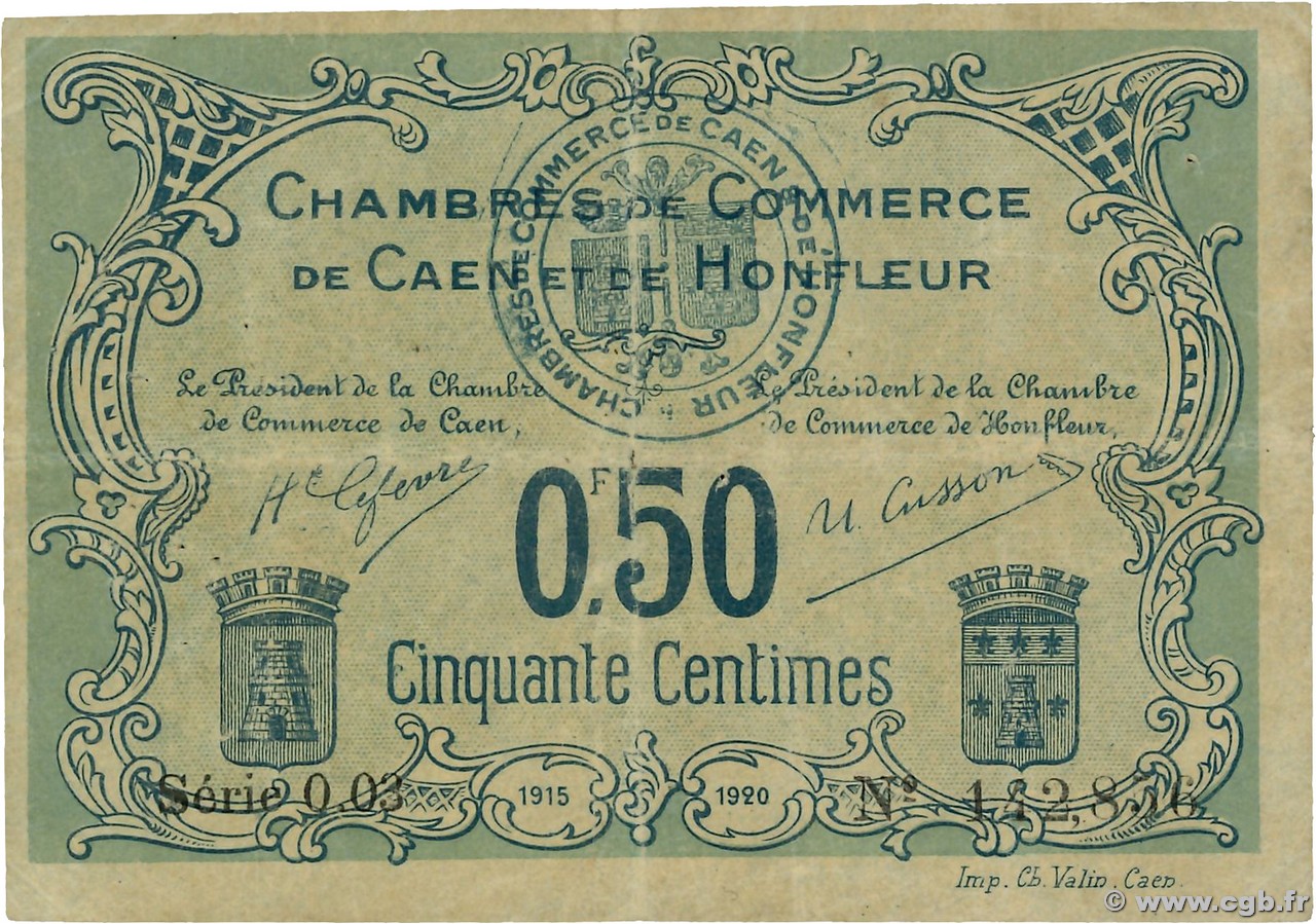 50 Centimes FRANCE régionalisme et divers Caen et Honfleur 1915 JP.034.04 TB