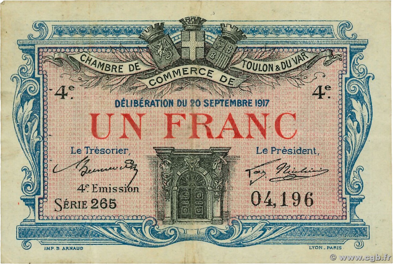 1 Franc FRANCE régionalisme et divers Toulon 1917 JP.121.20 TTB