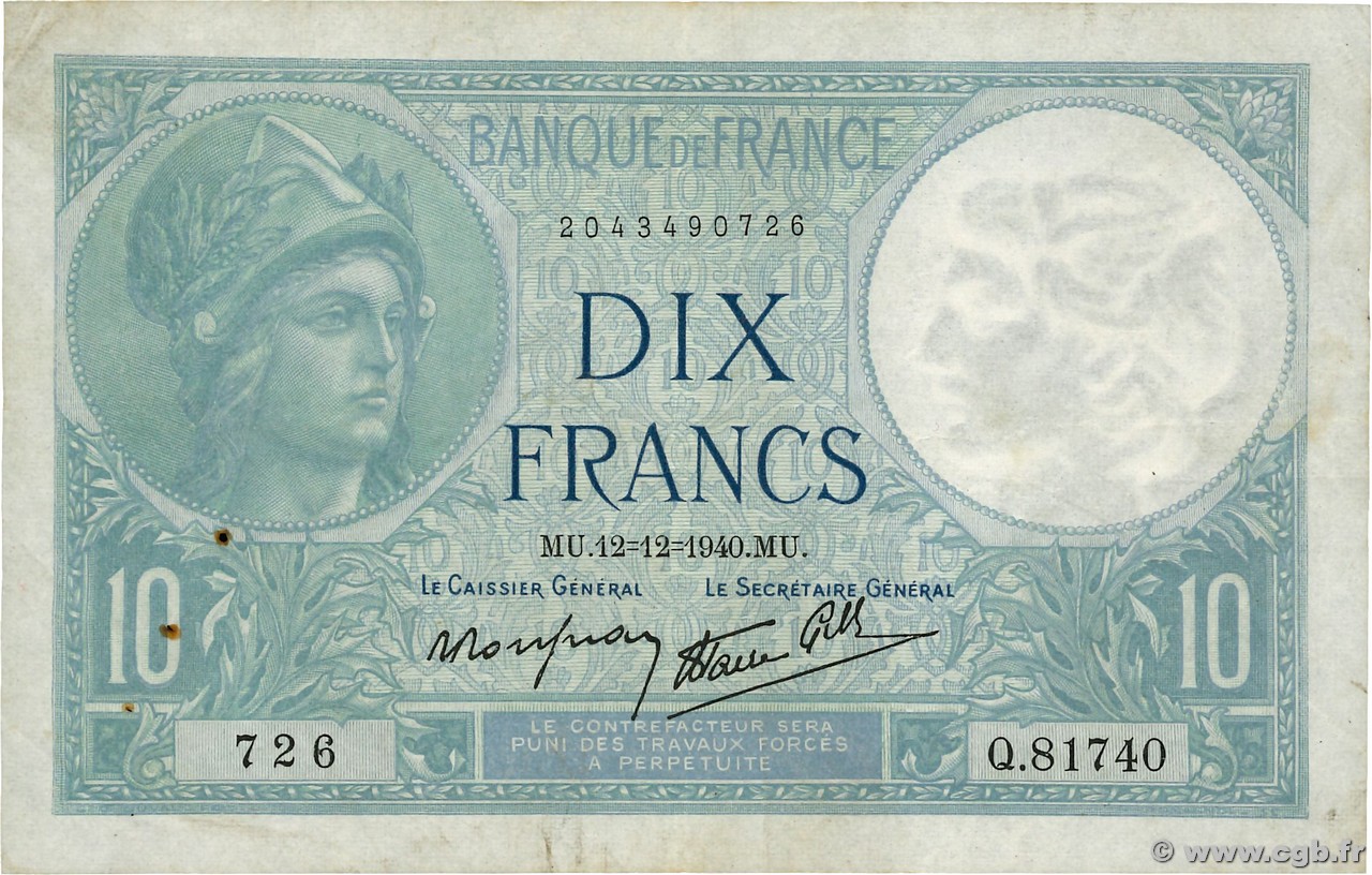 10 Francs MINERVE modifié FRANCE  1940 F.07.24 TB