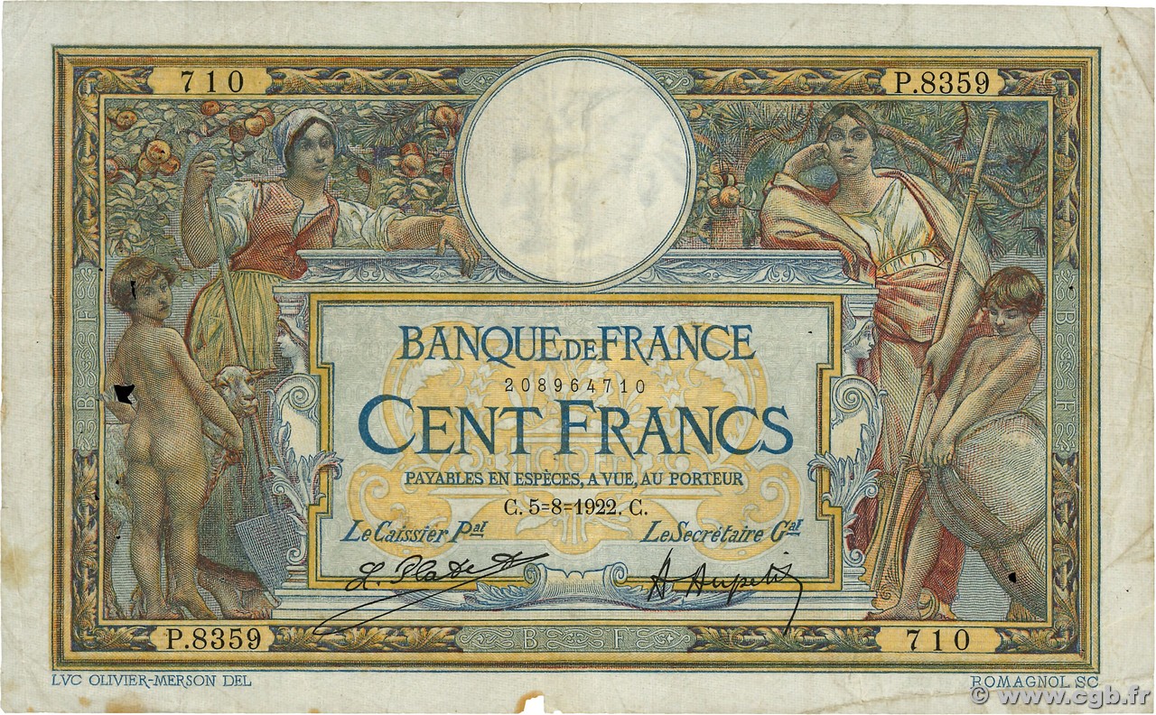 100 Francs LUC OLIVIER MERSON sans LOM FRANCE  1922 F.23.15 B+