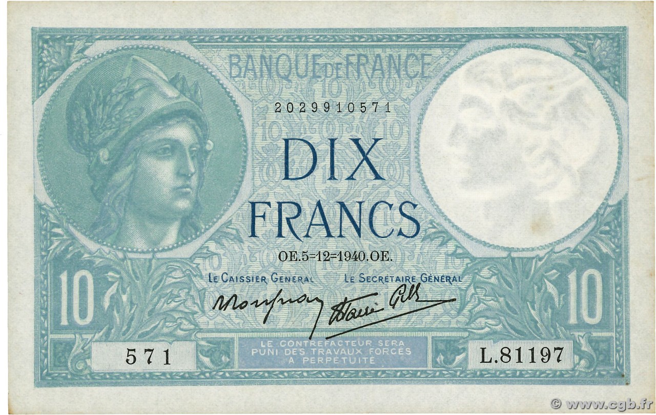 10 Francs MINERVE modifié FRANCE  1940 F.07.23 TTB