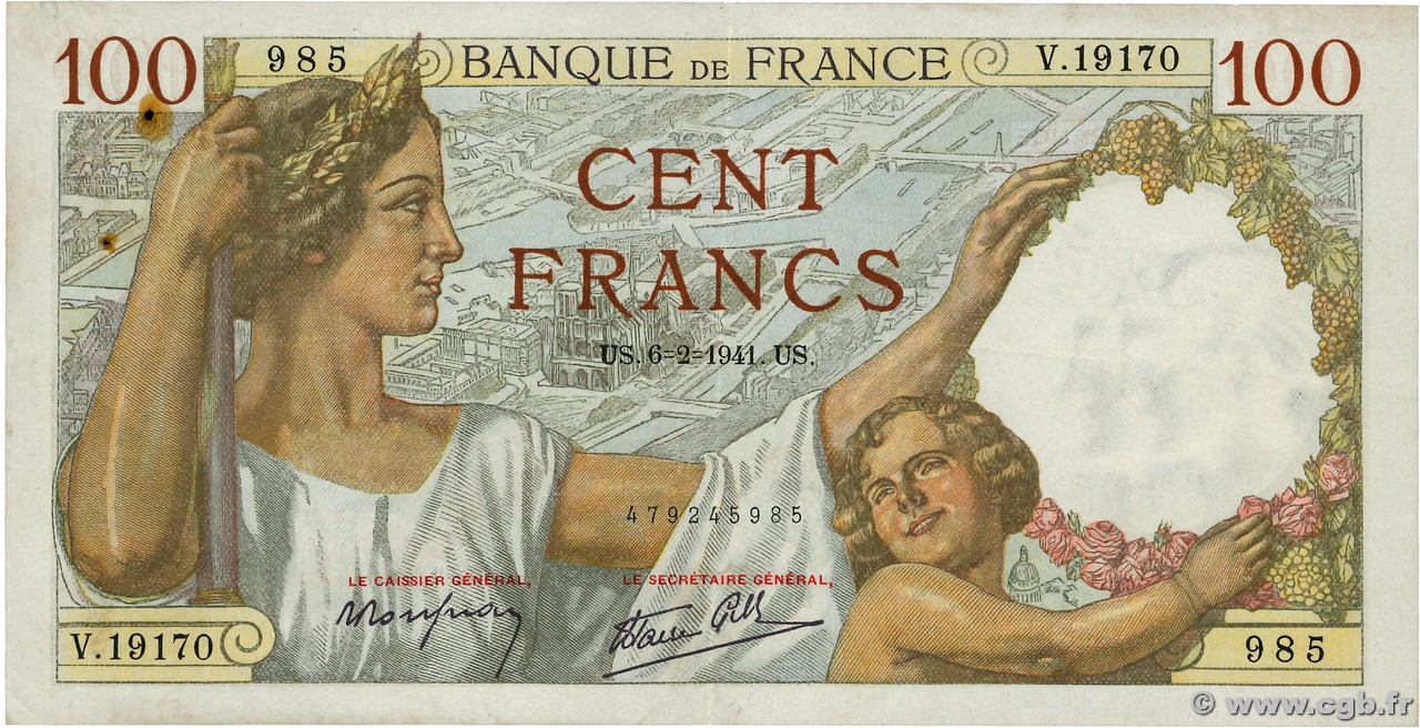 100 Francs SULLY FRANCE  1941 F.26.46 TB+