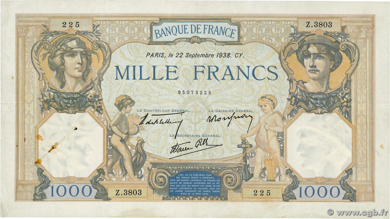 1000 Francs CÉRÈS ET MERCURE type modifié FRANCE  1938 F.38.27 TB+