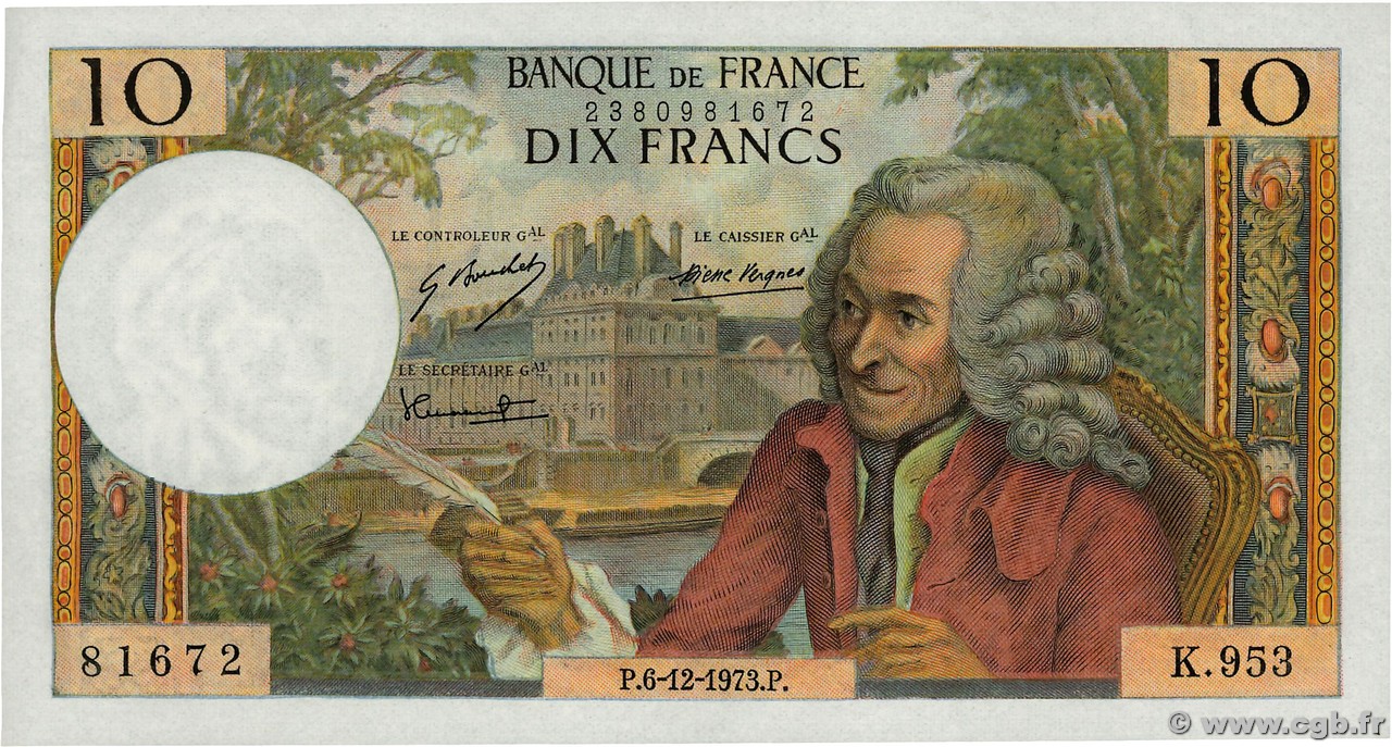 10 Francs VOLTAIRE FRANCE  1973 F.62.65
 SPL+