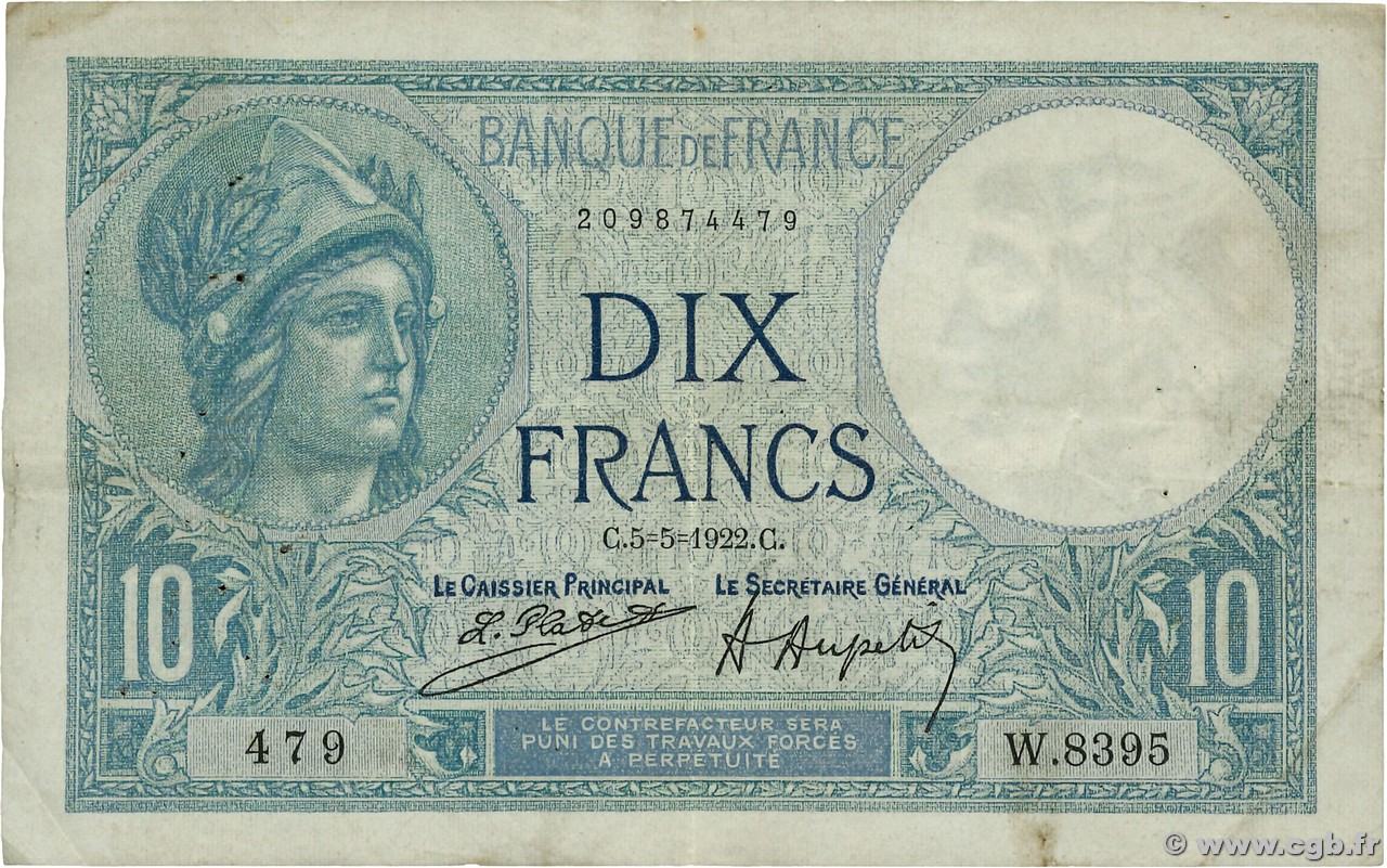 10 Francs MINERVE FRANCE  1922 F.06.06 TB