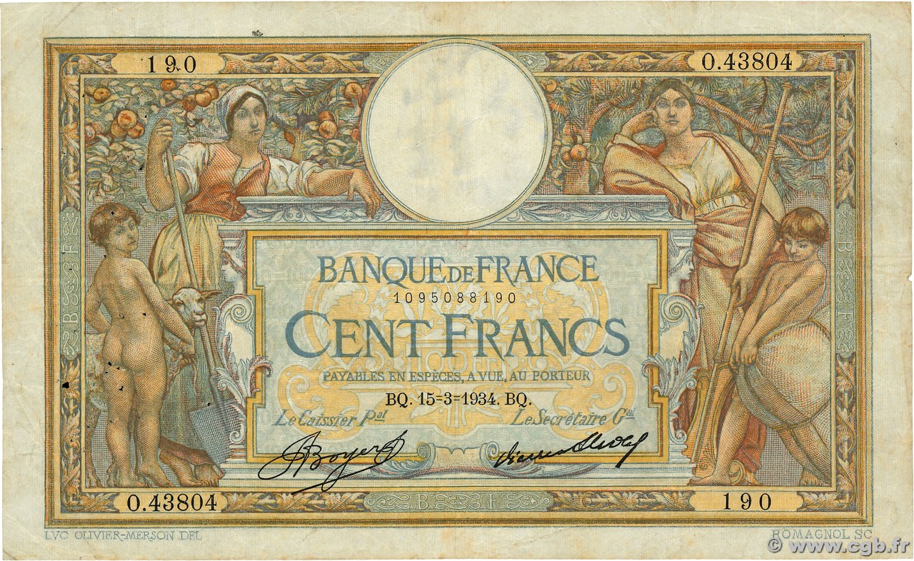 100 Francs LUC OLIVIER MERSON grands cartouches FRANCIA  1934 F.24.13 MB