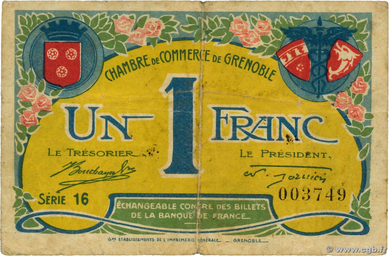 1 Franc FRANCE regionalism and various Grenoble 1917 JP.063.20 VG