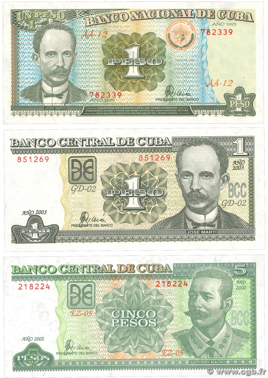 1 et 5 Pesos Lot CUBA  1995 P.112a, P.116e et P.121c UNC