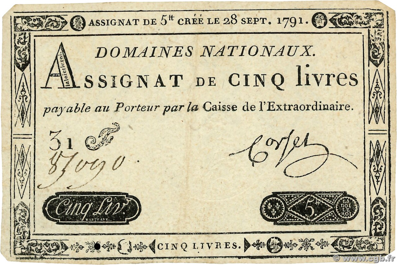 5 Livres FRANCE  1791 Ass.19a TTB