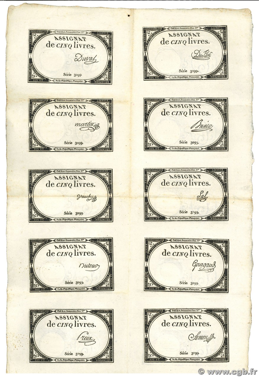 5 Livres Planche FRANCE  1793 Ass.46a-p VF
